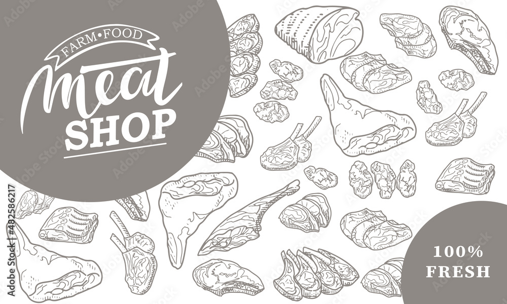 A set of raw meat. Beef, pork, lamb. Vector illustration in the style of a sketch. A booklet, banner, or flyer of a butcher shop or store. A set of raw meat. Beef, pork, lamb. Vector illustration in the style of a sketch. A booklet, banner, or flyer of a butcher shop or store.