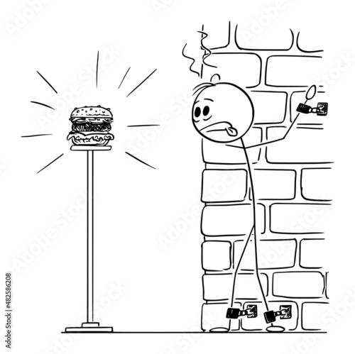 Chained Person Suffering Hunger, Looking at Burger, Vector Cartoon Stick Figure Illustration