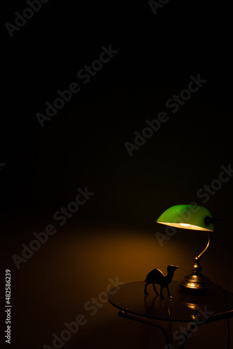 the green lamp on the table illuminates the camel figure