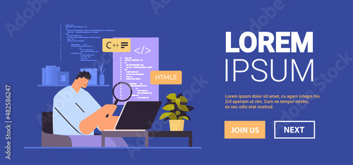 web developer creating program code on laptop screen development of software and programming concept