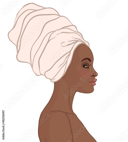 Portrait of beautiful African American woman in turban. Vector Illustration.