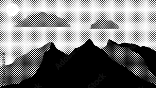 Mountain silhouettes with sun. Peaks in sunset. Brush strokes. Fog over mountain landscape . Summit and sunset logo .Halftone dots texture .Vector