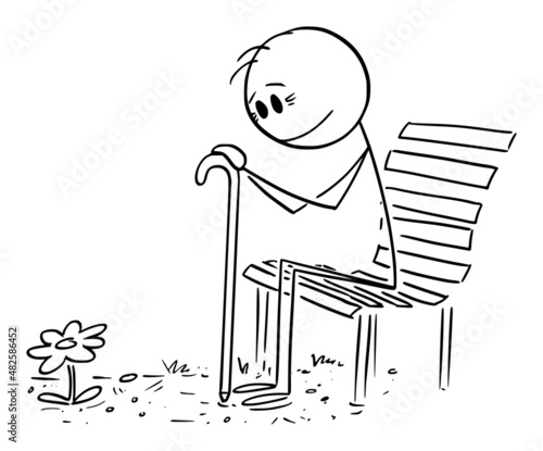 Old Person Sitting on Park Bench and Looking at Blooming Flower , Vector Cartoon Stick Figure Illustration