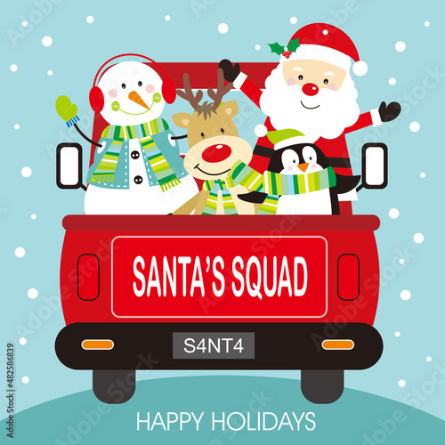 christmas card with santa claus, snowman, reindeer and penguin riding a car