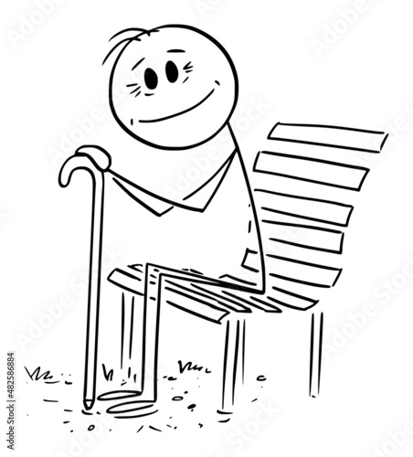 Old Person Sitting on Park Bench and Smiling , Vector Cartoon Stick Figure Illustration