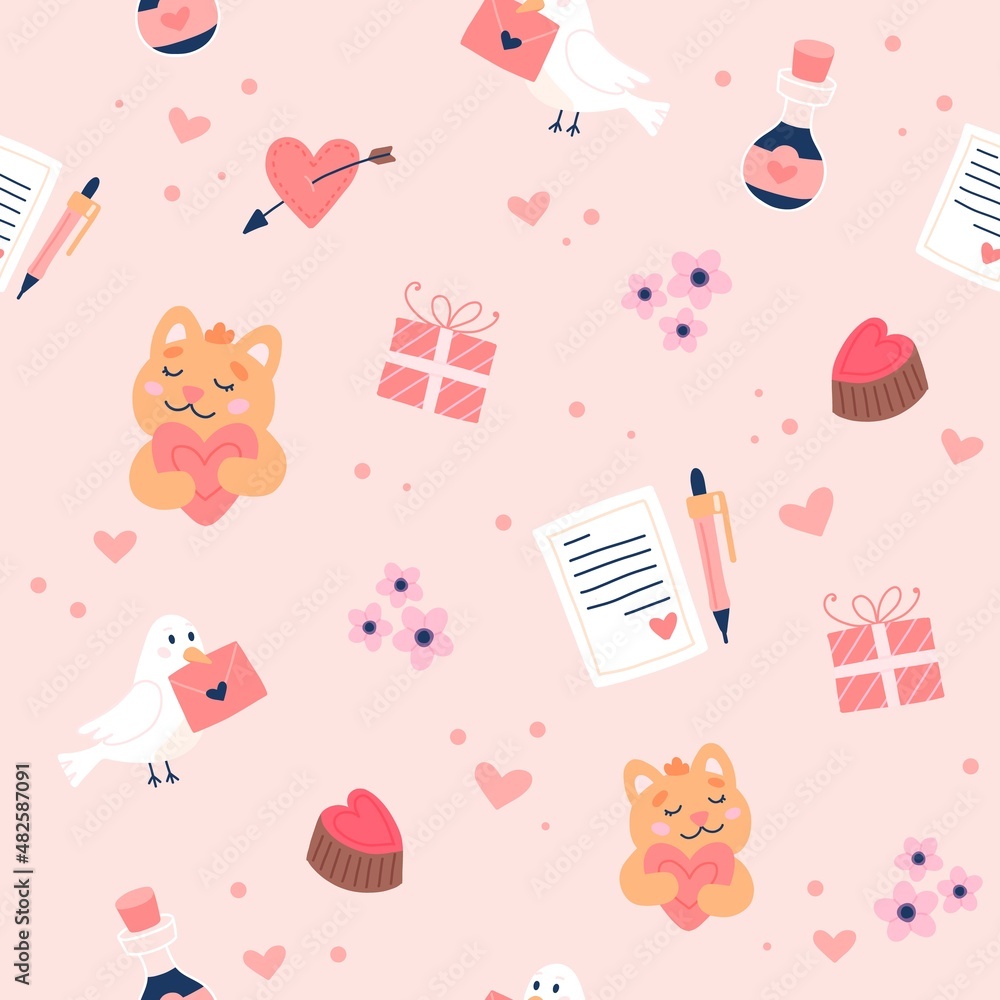 Valentine's day pattern with cute doves, cats and love letters. Hand drawn vector illustration