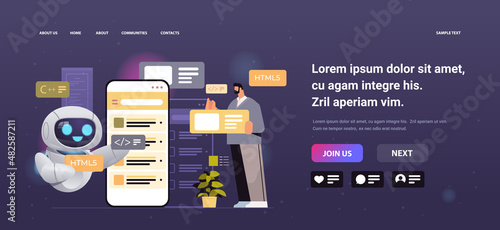 man and robot web developers creating program code on smartphone screen development of software and programming