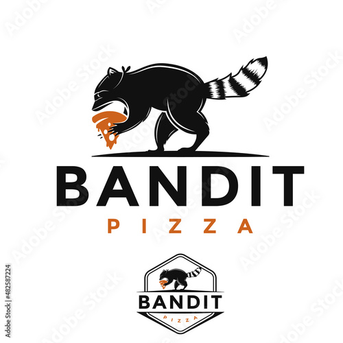 set pizza restaurant logo. bandit pizza logo. raccoon mascot icon logo