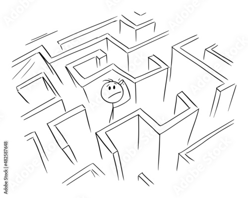 Person or Businessman Lost in Labyrinth or Maze, Vector Cartoon Stick Figure Illustration