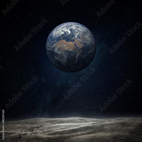 Fototapeta Naklejka Na Ścianę i Meble -  The Earth from moon surface. Elements of this image furnished by NASA.