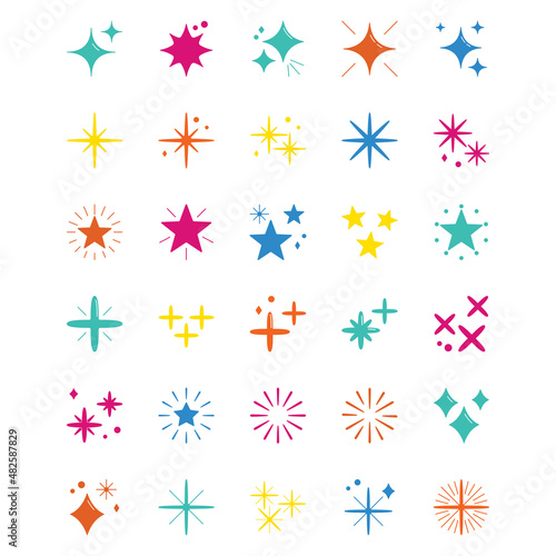 Collection Of Star Shining Light Effect, Bright fireworks, and Sparkling Elements with Multicolored Filled Outlines. Perfect for Websites, Advertisements, Banners, Posters, Billboards, Templates, Logo