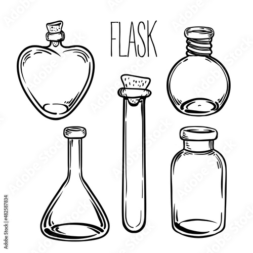 Glass Bottles. Vector illustration.Ink on aged card paper. Kitchen objects doodle style sketch, Black and white drawing isolated on white. Design for coloring book page for adults and kids.
