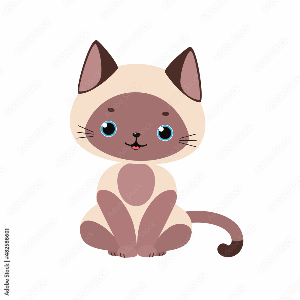 Cute siamese kawaii cat sitting isolated on white background. Cartoon flat style. Vector illustration