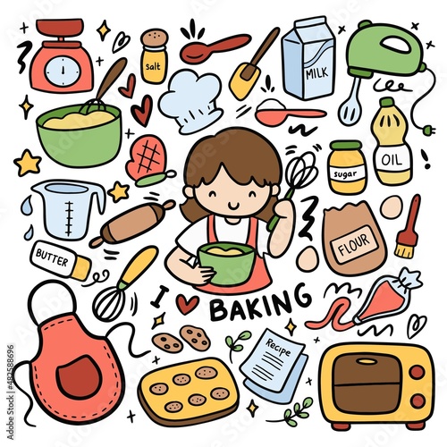 Set of Kawaii Baking Equipment Doodles Vector Clip Art