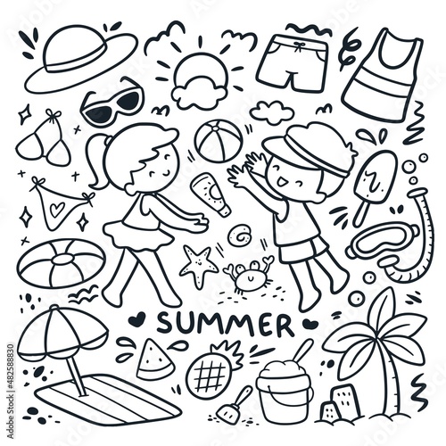 Kids Playing Beach Ball With Summer Related Object in Cartoon Doodle Style Vector Illustration