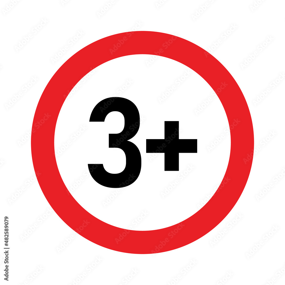 3 plus sign. Three. Age restrictions, censorship and parental control. Icon for content, movies, food, juice and toys. 3 plus sign. Three. Age restrictions, censorship and parental control. Icon for content, movies, food, juice and toys.