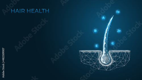Vitamins for hair, care and nutrition. Concept for shampoos, serums and masks. Prevention of hair loss, split ends. Vector illustration in low poly style.