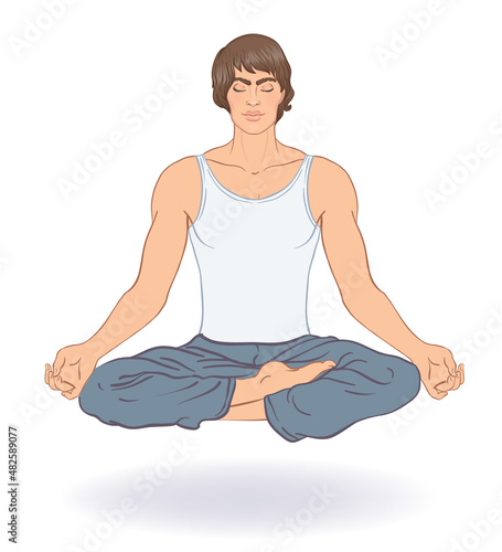 Beautiful Caucasian Man sitting in Lotus pose with ornate mandala on background. Vector illustration. Spa consent, yoga studio, or natural medicine clinic.