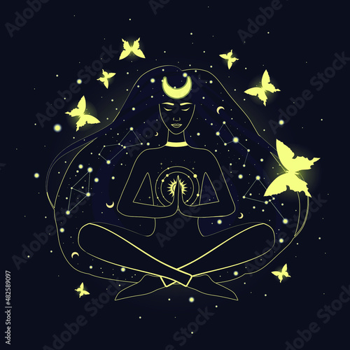 Beautiful woman  with glowing stars in her hair. Girl in yoga lotus practices meditation. Illustration in flat style. 