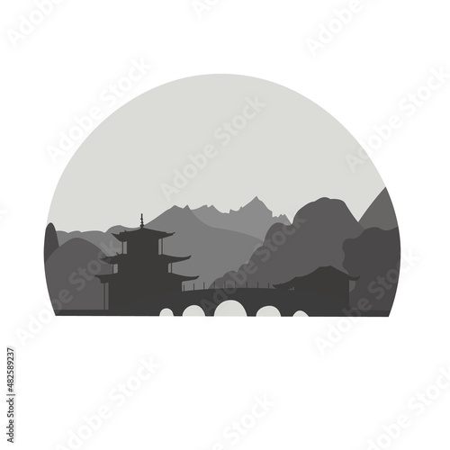 Vector illustration of the silhouette of a mountain, bridge, city, river. Cities and landscapes of China, travel. Poster, banner, postcard, flyer.