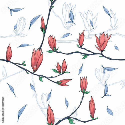 Seamless pattern with spring flowers and leaves.