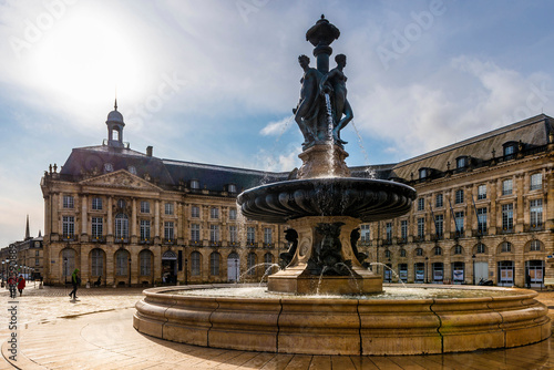 Fountain of Three Graces on the Place de la Bourse in Bordeaux in Gironde, Nouvelle-Aquitaine, France photo