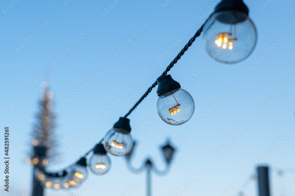 Fototapeta premium Garland of light bulbs in the park. 