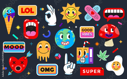 Set of Various Patches, pins, stamps or Stickers. Abstract funny cute comic Characters. Different Phrases and words. Hand drawn trendy cartoon style. Vector Illustration