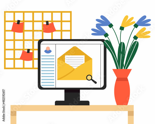 Workplace with a computer. Office desk, Email. Vector illustration