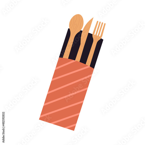 Zero waste reusable wooden spoon, fork and knife set made from sustainable materials. Durable bamboo cutlery isolated on white background. Vector illustration cartoon flat style.
