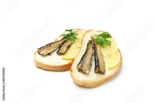 Delicious sandwiches with sprats isolated on white background