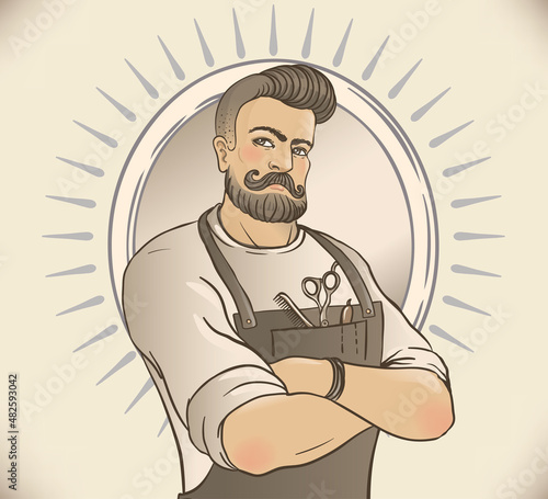 Retro Barber Shop Vintage Template. Vector illustration with barber's portrait.