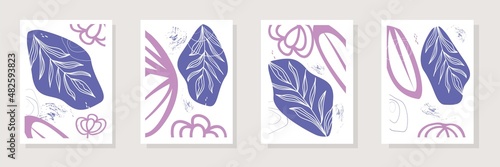 Abstract cover with leaves and hand draw line in trend of the 2022. Natural background in very peri color. Modern art, isolated collage for posters, social media, stories. Vector illustration