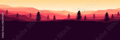 mountain landscape vector illustration with tree silhouette good for web banner, blog banner, wallpaper, background template, adventure design, tourism poster design, backdrop design