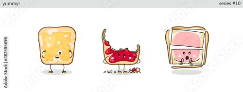 Sandwich. Set of cute kawaii characters. Funny cartoon fast food icons in different situations. Vector comic style graphics
