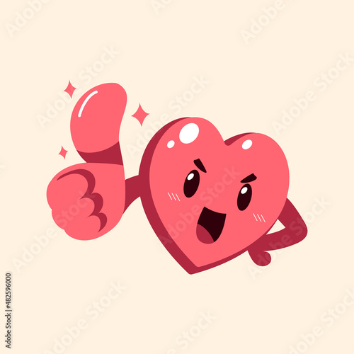 Vector cartoon cute heart character showing thumb for design.