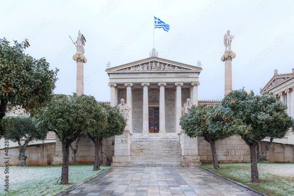 Academy of Athens during snowfall in January 24th 2022, a rather rear phenomenon in Athens, Greece, even during winter. 