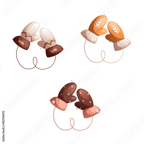 A set of three children's winter woolen mittens. Detailed vector illustration.