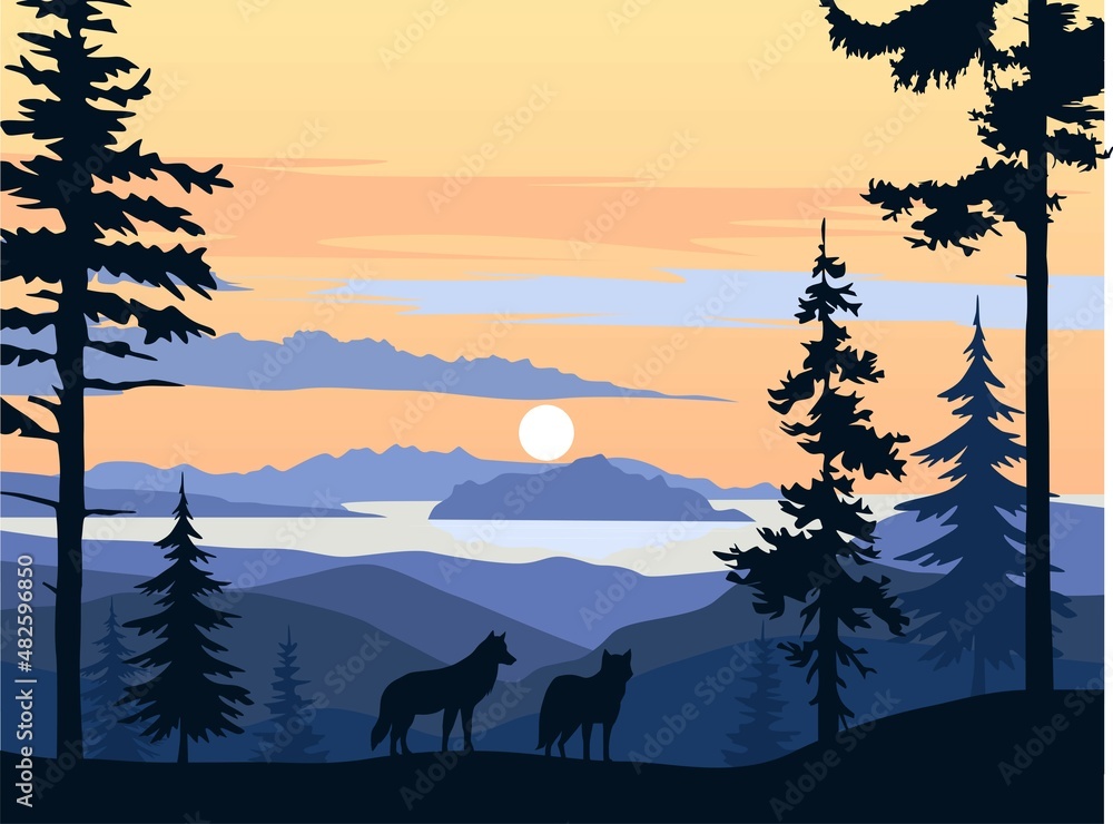 Sunrise landscape with trees and mountains Sunrise landscape with trees and mountains