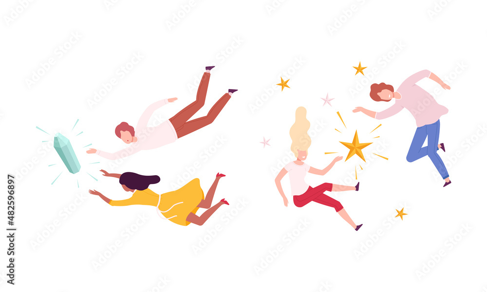 Group of Flying Man and Woman Floating in the Air Fantasizing Vector Set Group of Flying Man and Woman Floating in the Air Fantasizing Vector Set