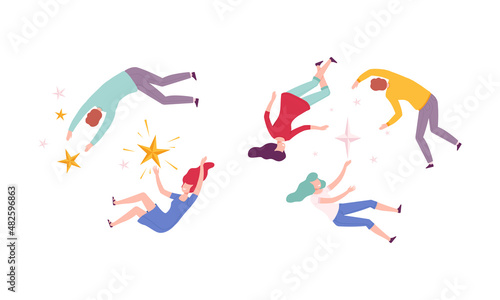 Group of Flying Man and Woman Floating in the Air Fantasizing Vector Set