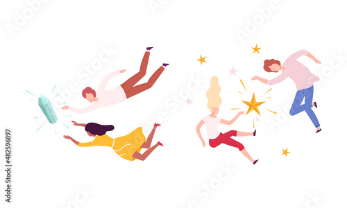 Group of Flying Man and Woman Floating in the Air Fantasizing Vector Set