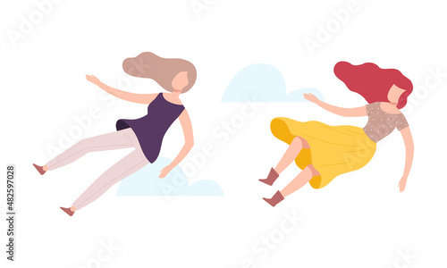 Flying Woman Floating in the Air and Cloud Fantasizing Vector Set
