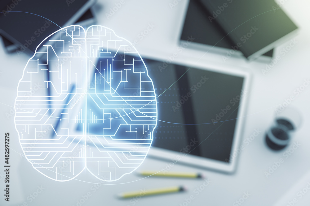 Double exposure of creative artificial Intelligence symbol and digital tablet on background, top view. Neural networks and machine learning concept Double exposure of creative artificial Intelligence symbol and digital tablet on background, top view. Neural networks and machine learning concept
