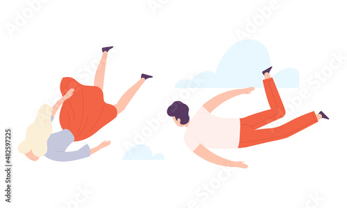 Flying Man and Woman Floating in the Air and Cloud Fantasizing Vector Set