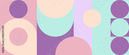 Bright geometric background for childrens textile or wallpaper design, Scandinavian retro style pattern. Colored circles, triangles and squares with seamless texture for web cover design.
