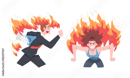 Burning Man and Woman Character Feeling Anger and Stress Vector Set