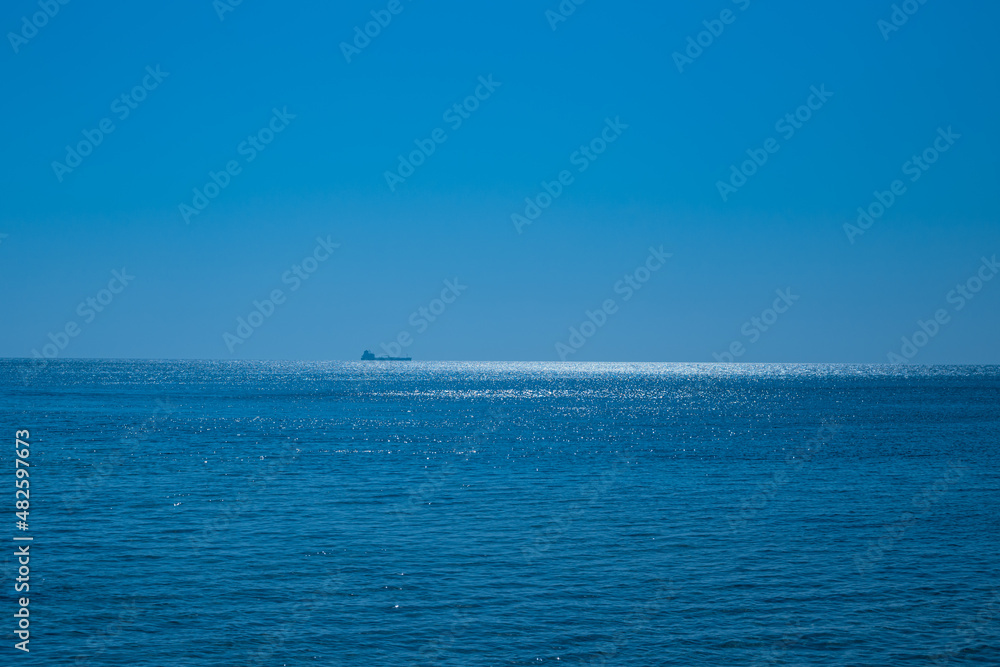 Seascape  in sunny summer day. Beautiful ocean landscape. Travel tourist scenery. Sea trip vacation background.