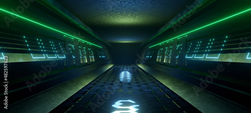 Valokuva Science background fiction interior rendering corridor and blue light,3D renderi
