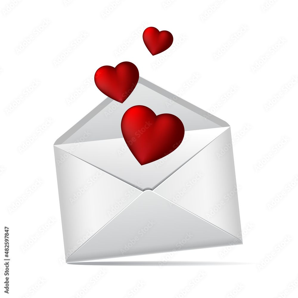 White envelope and red paper hearts isolated on white background. White envelope and red paper hearts isolated on white background.
